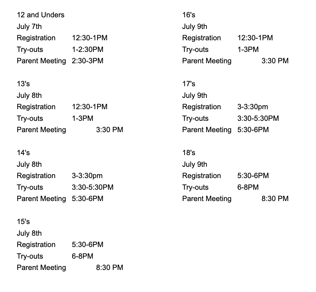 2026 Balance tryout schedule